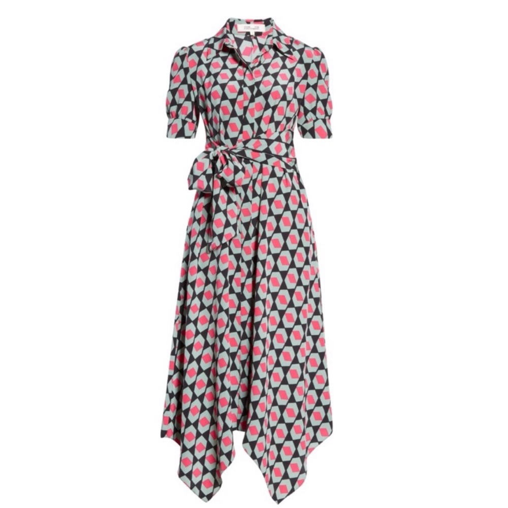 DVF Silk Kendyl Maxi Dress Hexagon Print Size L Geometric Diane Von Furstenberg